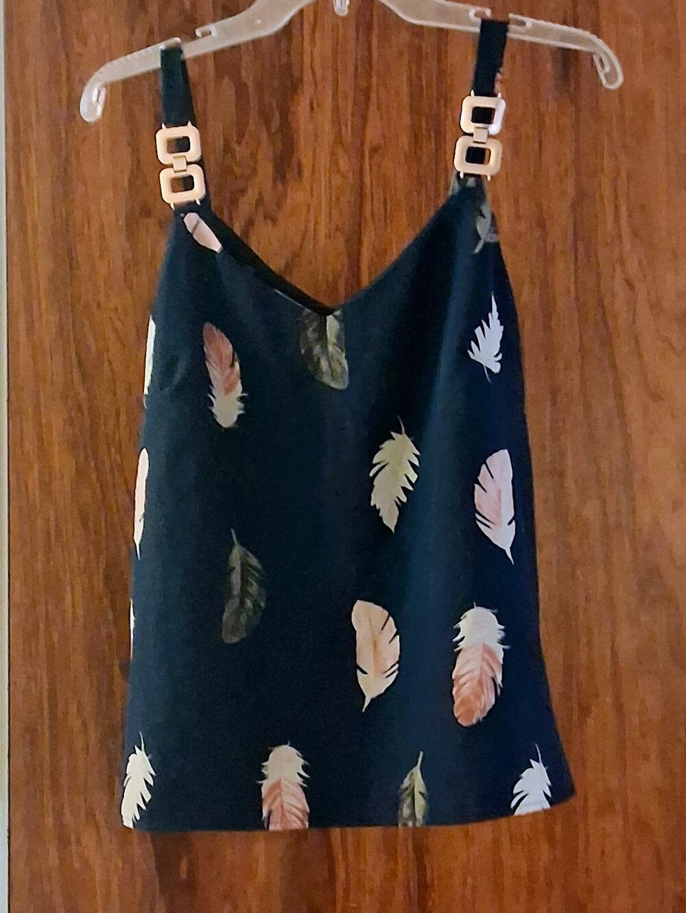 Navy Blue Boho Style Feather Print Cami with Gold Buckle Straps. Size Large